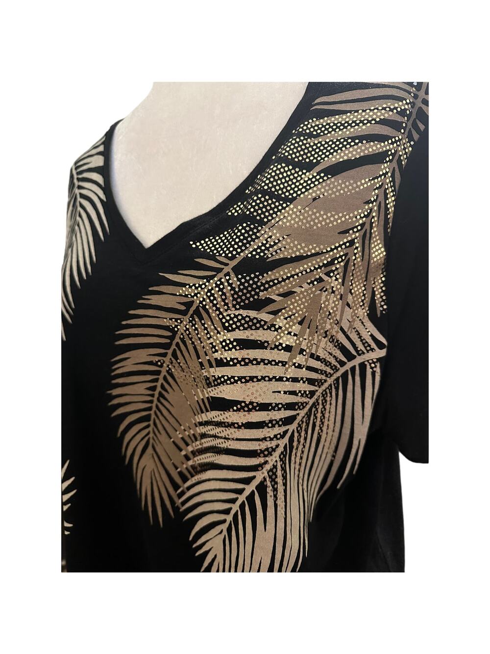 Catherines Black Palm Leaf Foil Print Tee, Plus Size 0X, 14/16